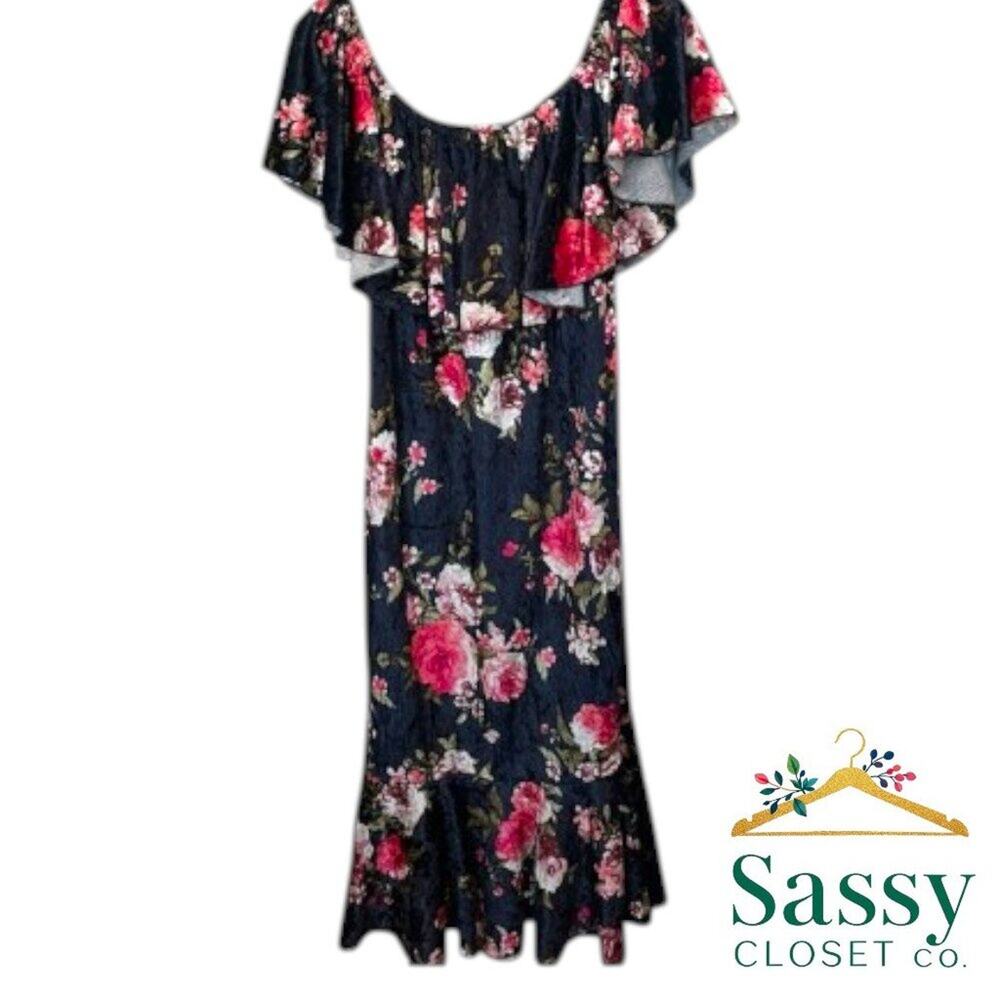 ✨ LULAROE Navy Pink Floral Maxi Dress 2X Ruffle Sleeve Spring 🌸